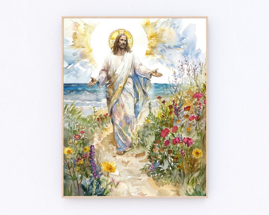Jesus Walking Beach Path with Open Arms Christian Prayer Poster