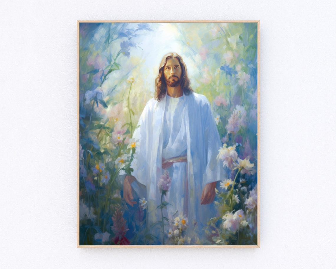 Floral Jesus Painting Jesus Walking In Garden Painting Christian Art Christian Prayer Wall Art Catholic Gifts P424