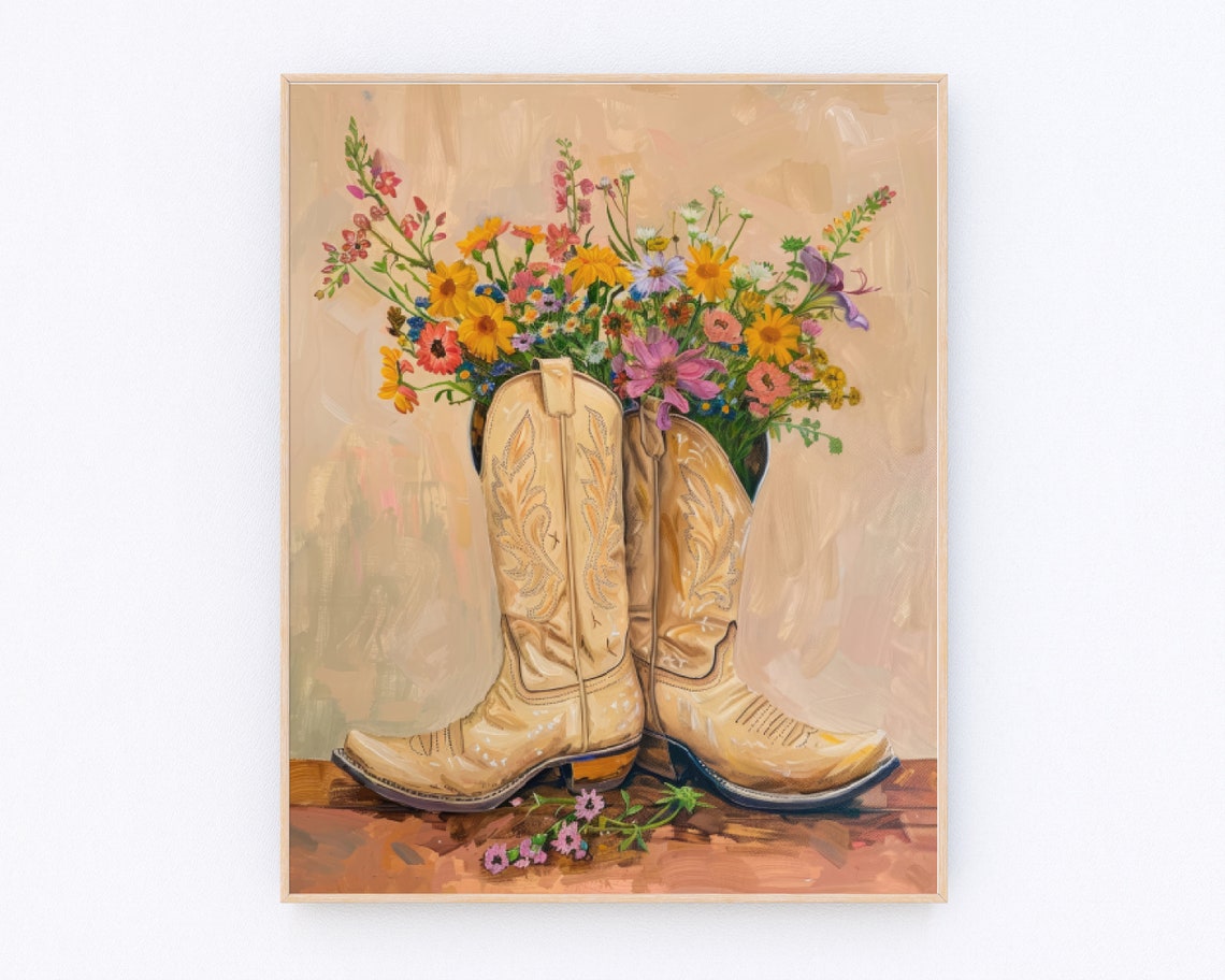 Neutral Cowgirl Boots Painting Floral Western Print Pink And Blue Country Dorm Room Wall Art Coastal Print Girly Dorm Decor P581