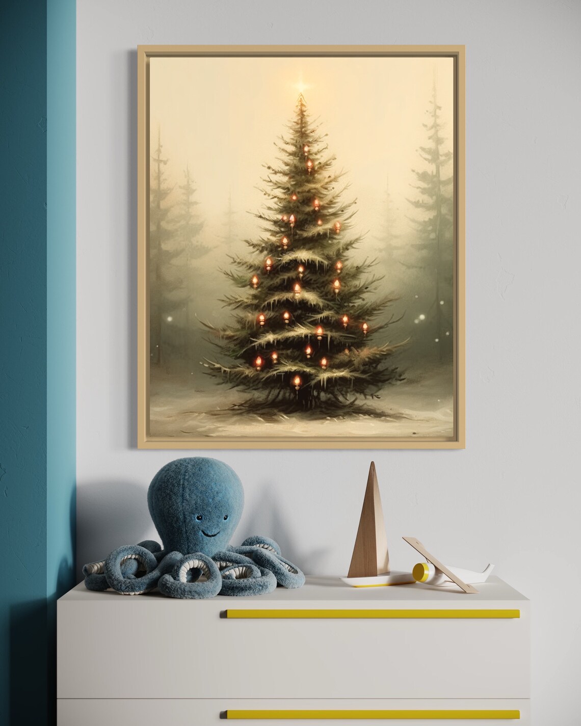 Solitary Christmas Tree with Warm Lights Misty Winter Wall Poster - Image 2