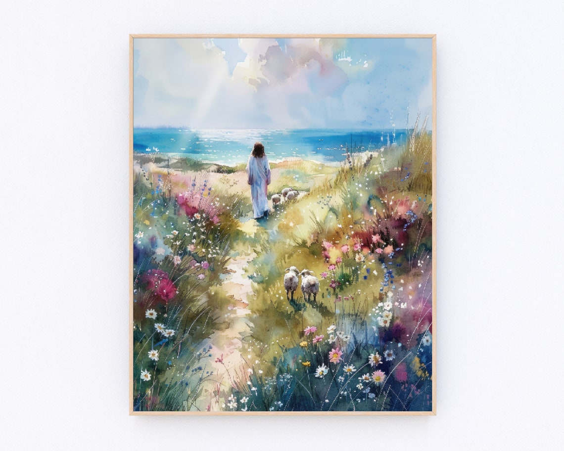 Jesus with Lambs Walking on Coastal Path Watercolor Prayer Poster