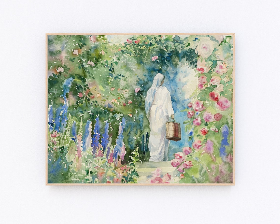 Virgin Mary with Basket Walking Through Flowering Garden Poster