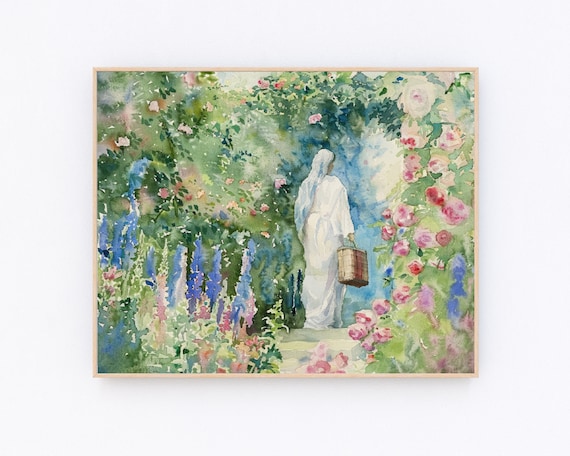Virgin Mary with Basket Walking Through Flowering Garden Poster