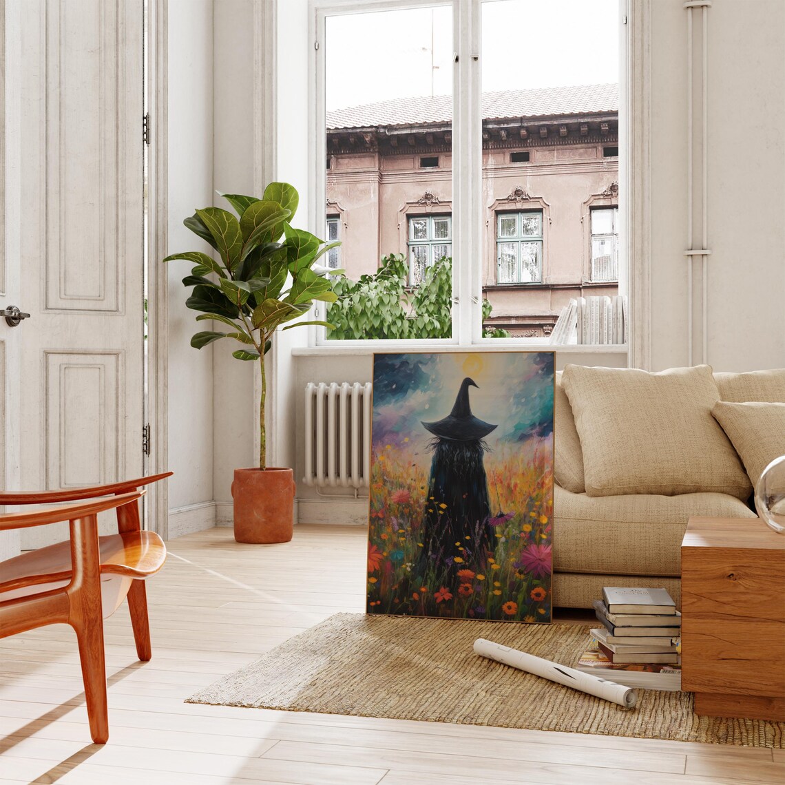 Mystical Witch from Behind in Wildflower Field Under Moonlit Sky Poster - Image 2
