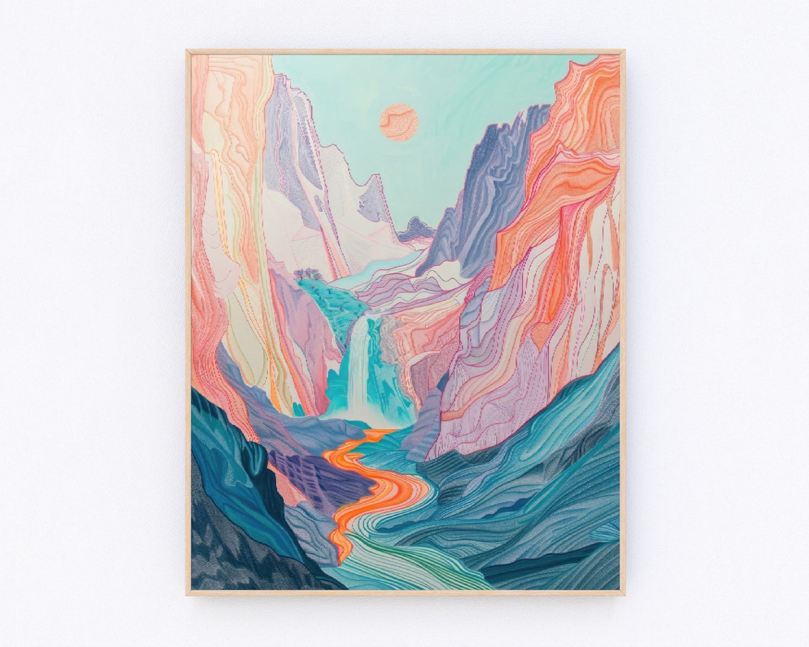 Pastel Yosemite Canyon with Winding River and Waterfall Poster