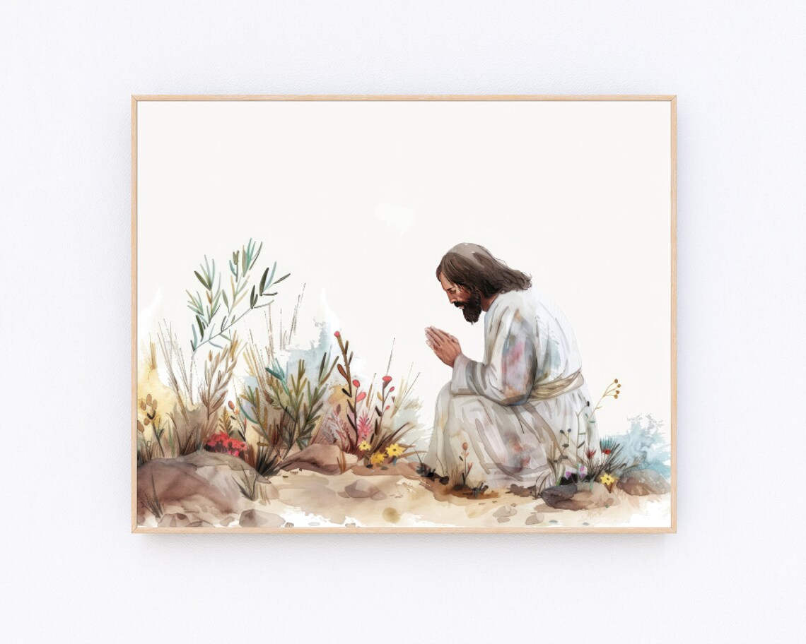 Jesus Praying in the Garden Minimalist Watercolor Faith Poster