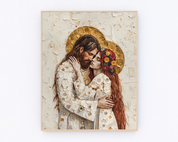 Christ Embracing Mary Gold Halo Impasto Christian Art Poster