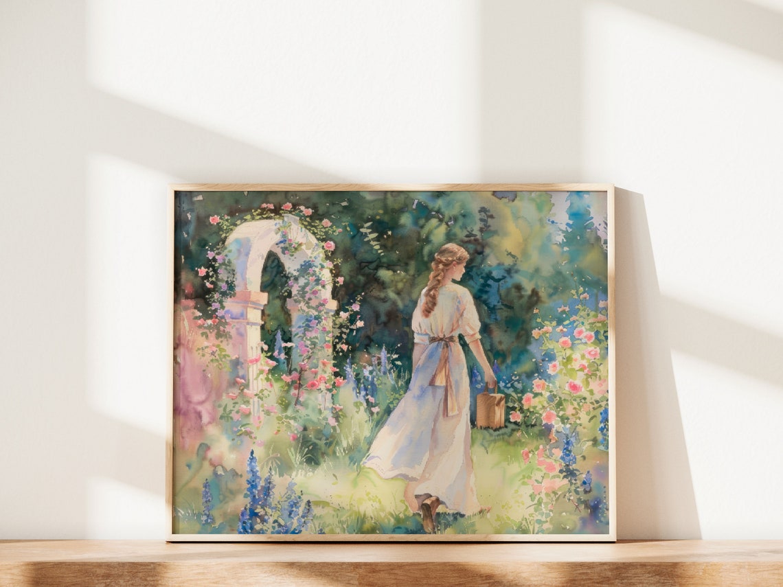 Woman with Basket Walking Away Through Rose Garden Archway Poster - Image 2