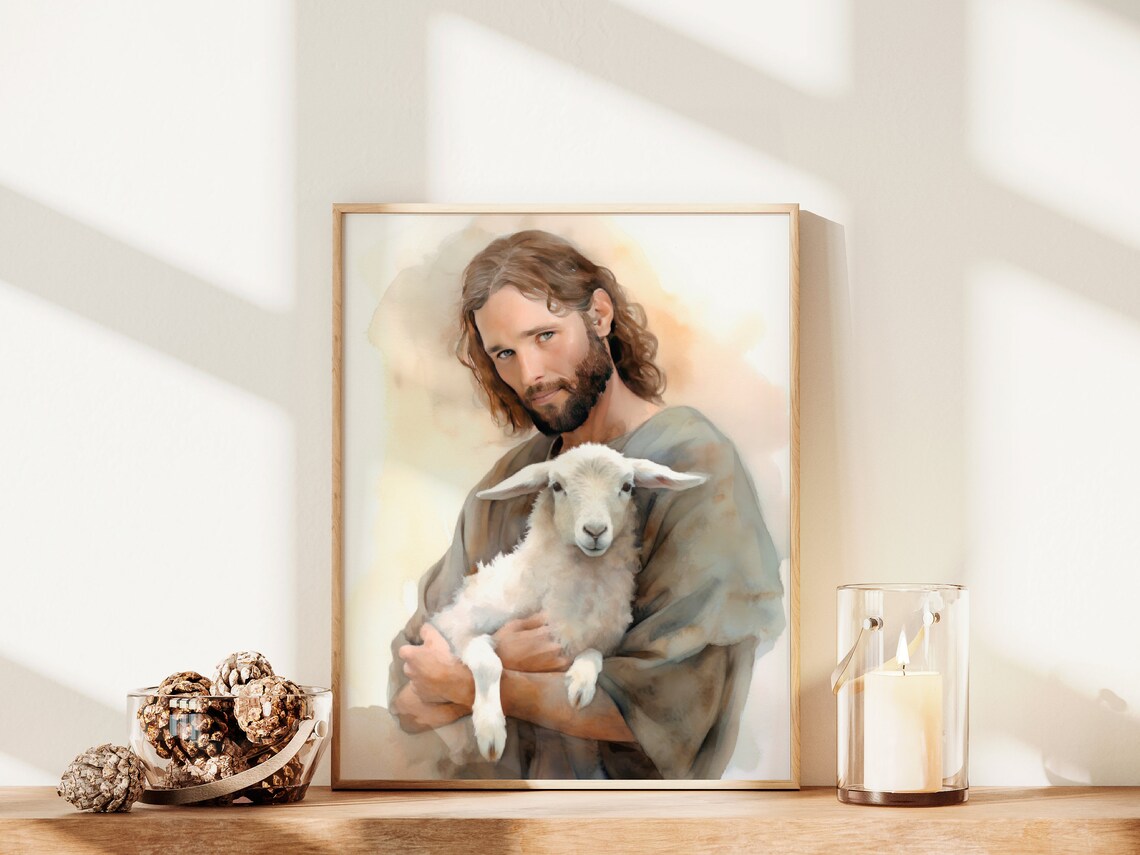Jesus the Good Shepherd Holding Lamb Soft Watercolor Christian Poster - Image 2