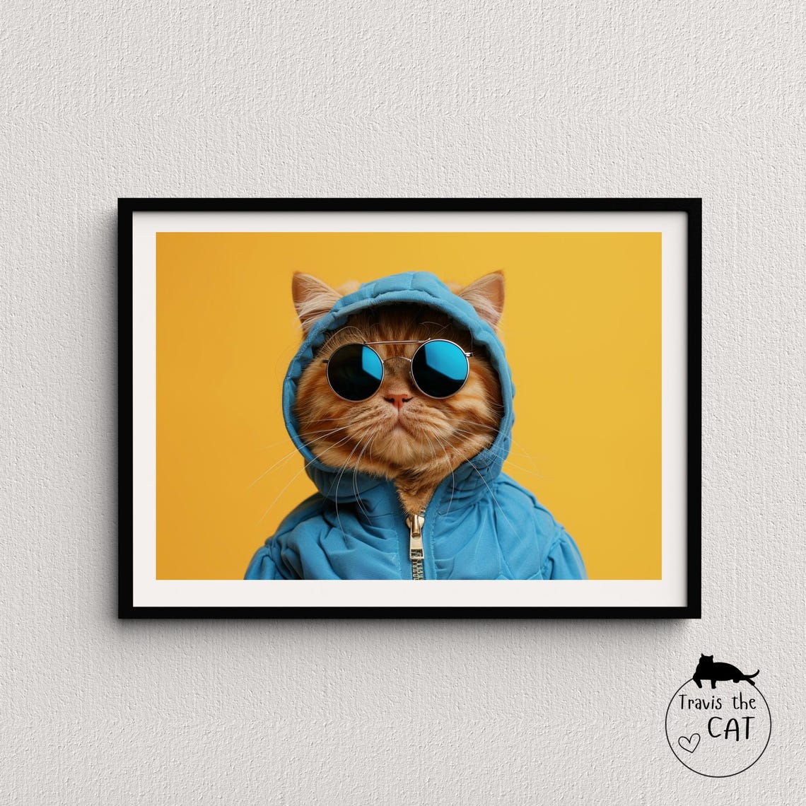 Ginger Cat in Blue Hooded Jacket and Mirrored Sunglasses Yellow Poster