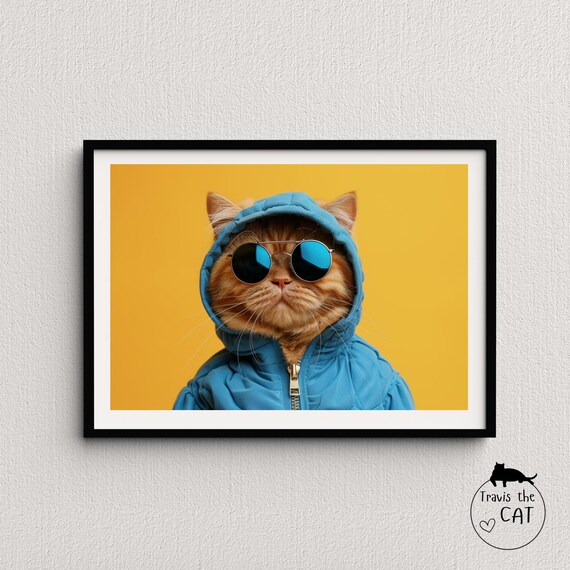Ginger Cat in Blue Hooded Jacket and Mirrored Sunglasses Yellow Poster