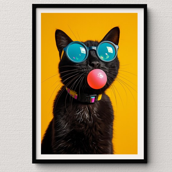 Black Cat in Teal Sunglasses Blowing Pink Bubblegum Yellow Pop Poster