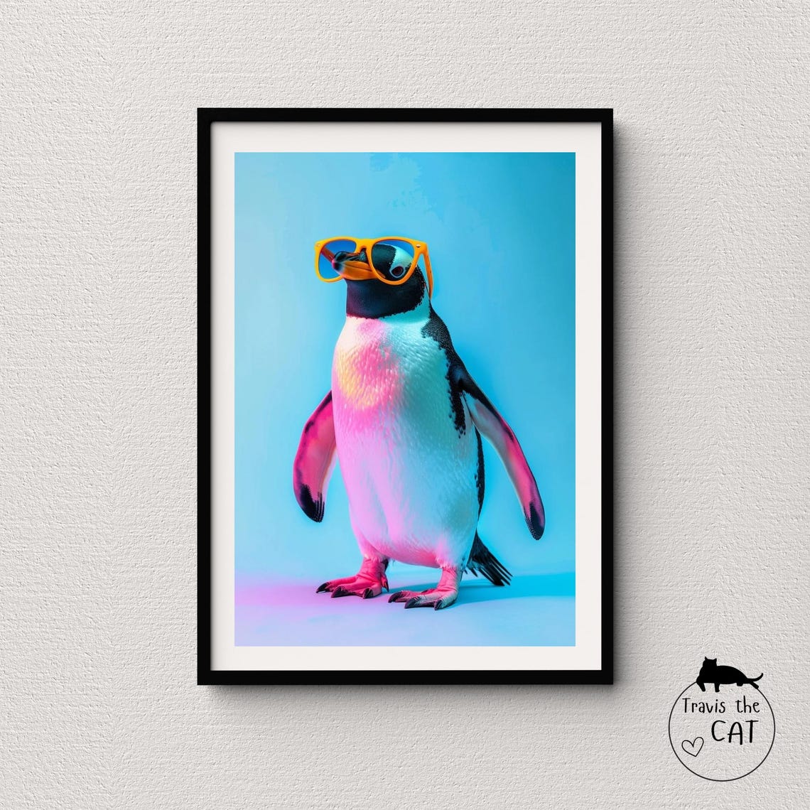 Penguin in Orange Sunglasses with Neon Glow Cool Pop Animal Poster