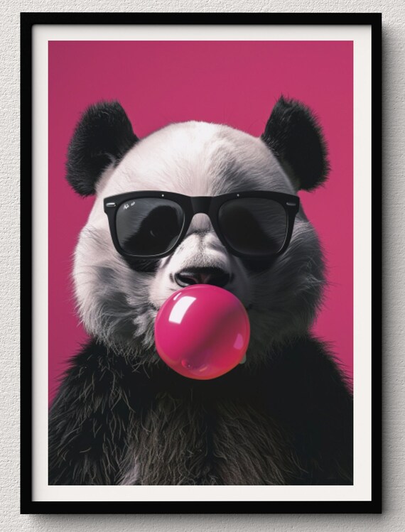 Panda Bear in Black Sunglasses Blowing Pink Bubblegum Magenta Poster
