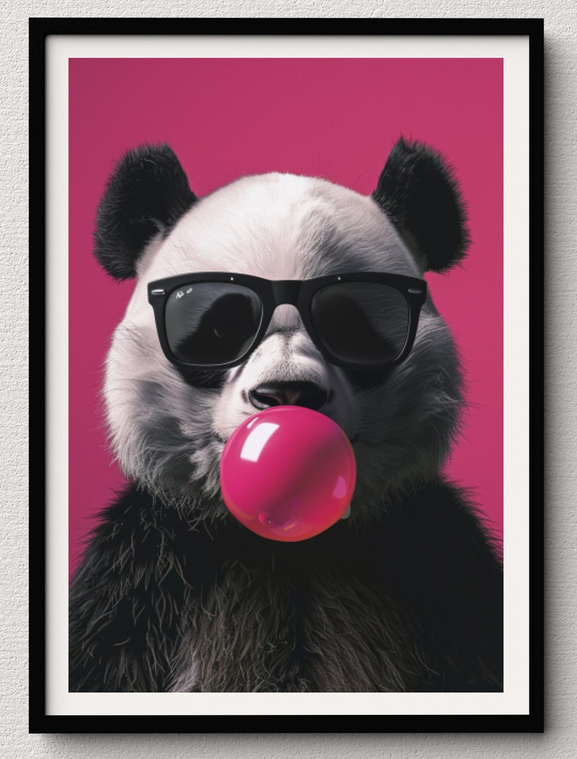 Panda Bear in Black Sunglasses Blowing Pink Bubblegum Magenta Poster