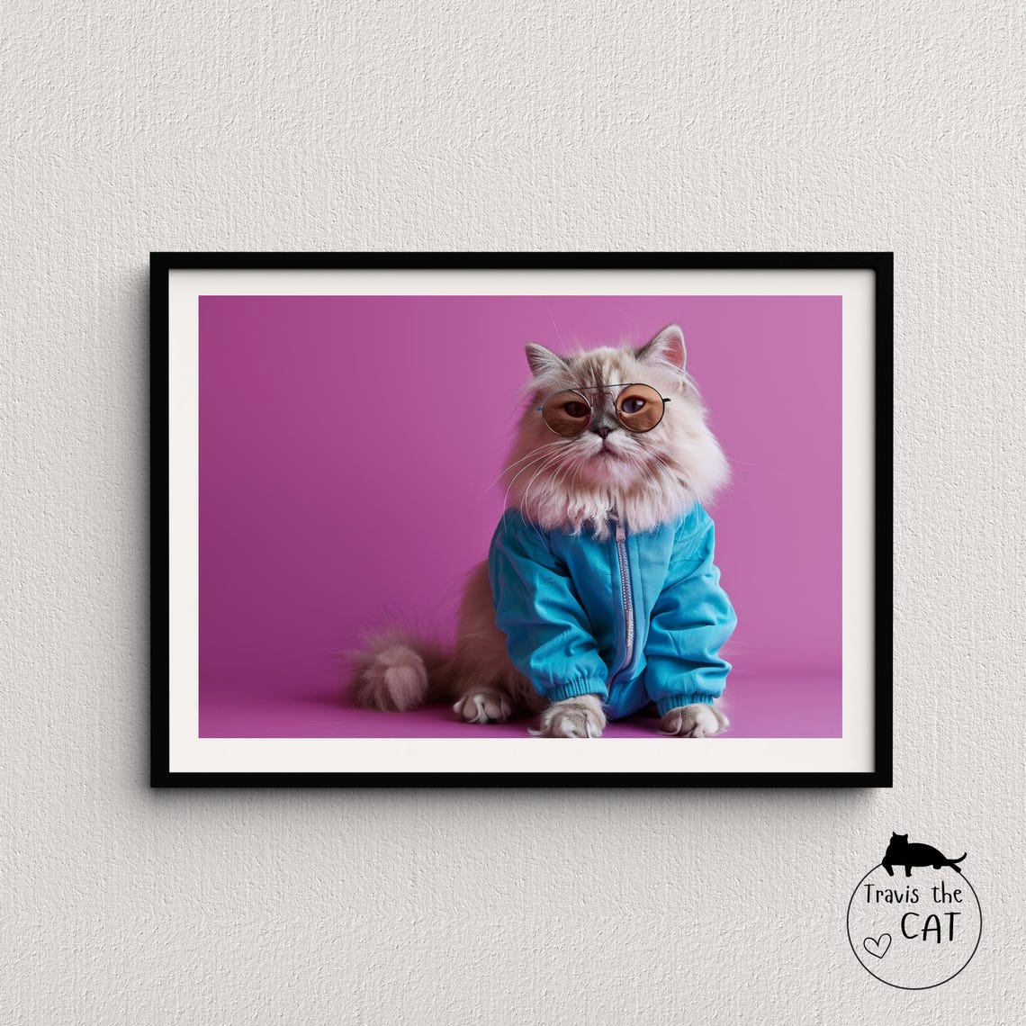 Fluffy Cat in Blue Jacket and Amber Glasses on Magenta Pop Art Poster