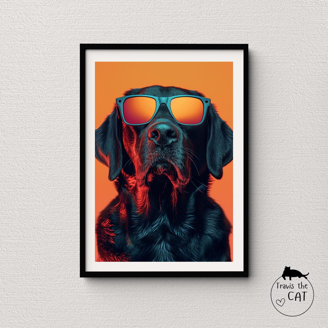 Black Labrador in Mirrored Sunglasses on Orange Pop Art Dog Poster