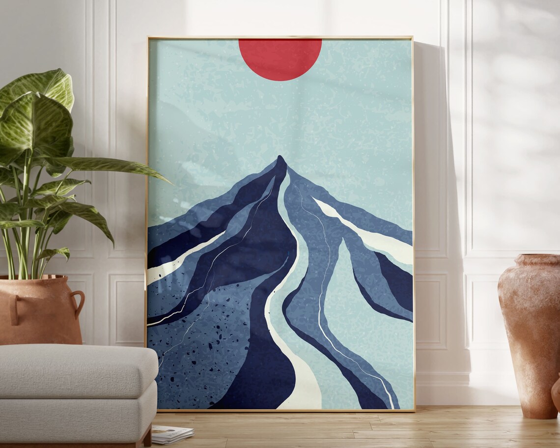 Blue Mountain Landscape, Japanese Boho Art Print