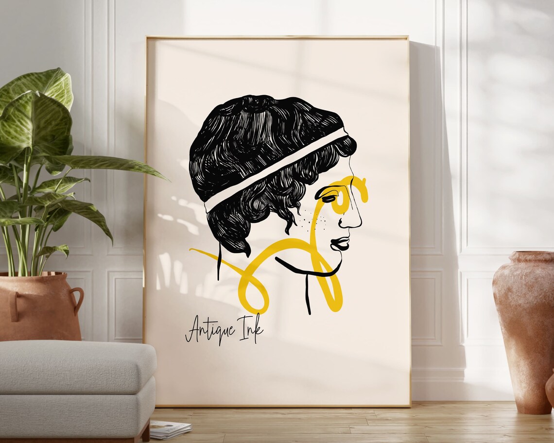 Antique Greek Statue Head Line Drawing Minimalist Ink Art Poster