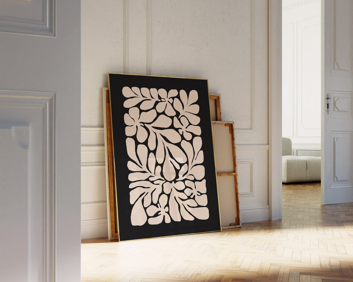 Cream Leaf Pattern on Black Bold Modern Abstract Botanical Poster