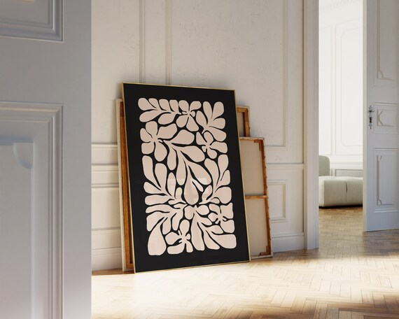 Cream Leaf Pattern on Black Bold Modern Abstract Botanical Poster