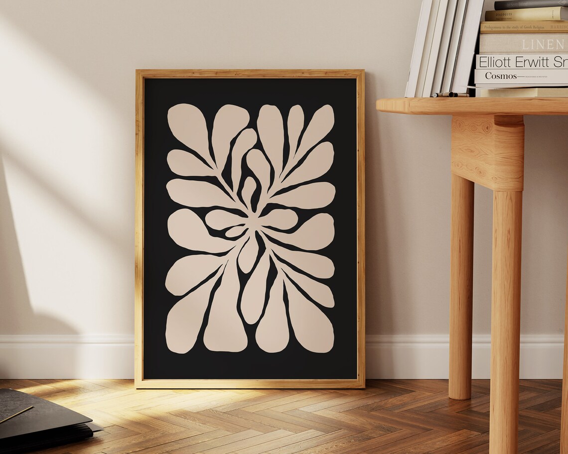 Cream Teardrop Leaves on Black Minimalist Abstract Botanical Poster