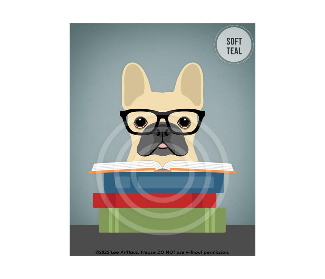 French Bulldog Wearing Glasses Reading Books Funny Dog Art Poster - Image 4