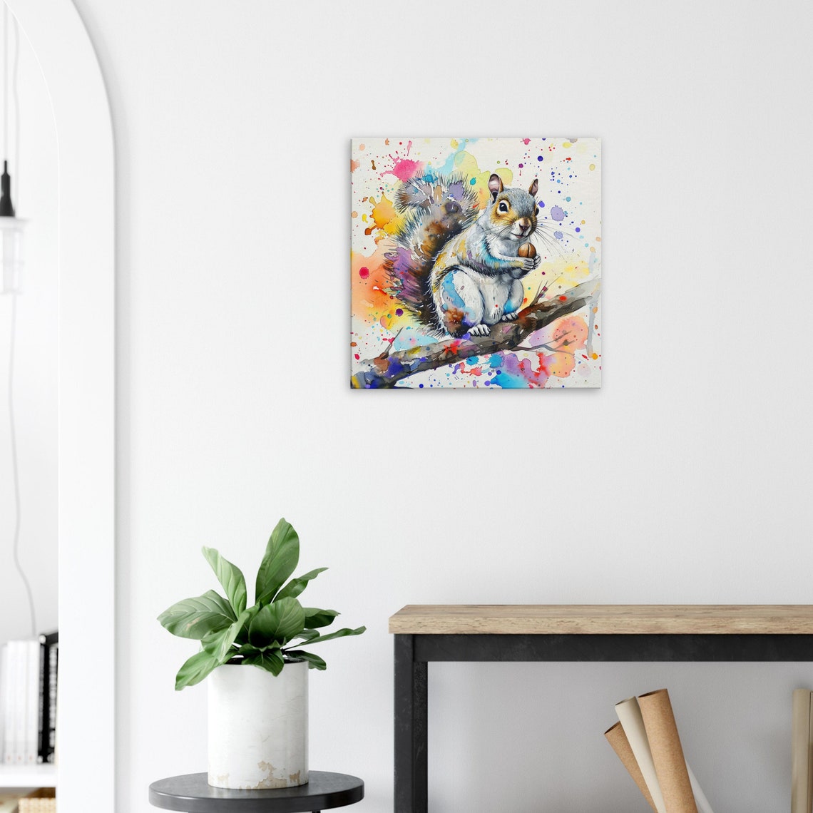 Cute Squirrel With Nut Watercolor Paint Splash Woodland Wall Poster - Image 2