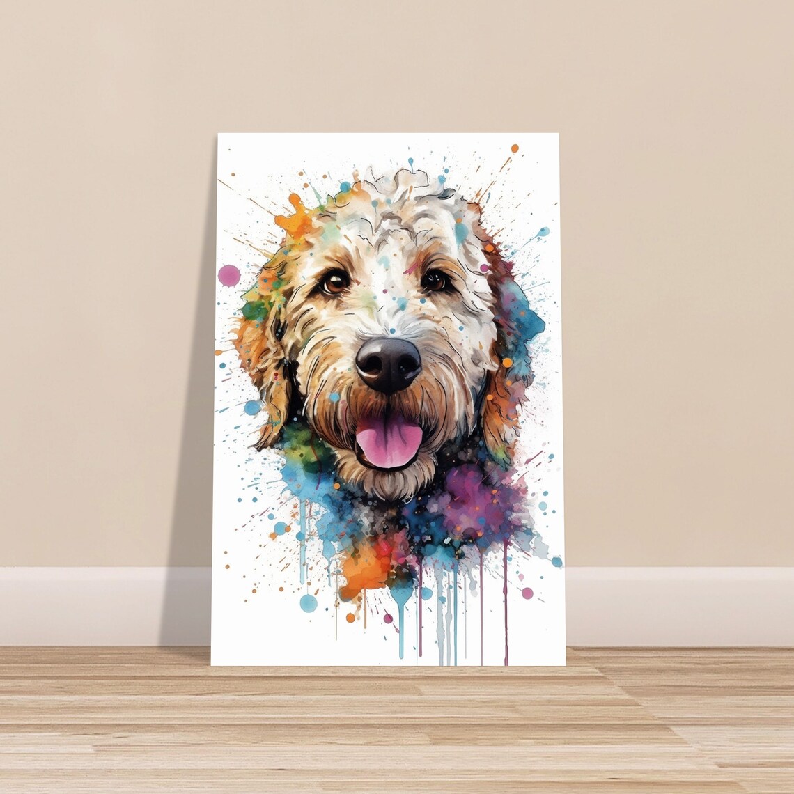 White Doodle Dog Portrait With Tongue Out Colorful Paint Splash Poster - Image 3