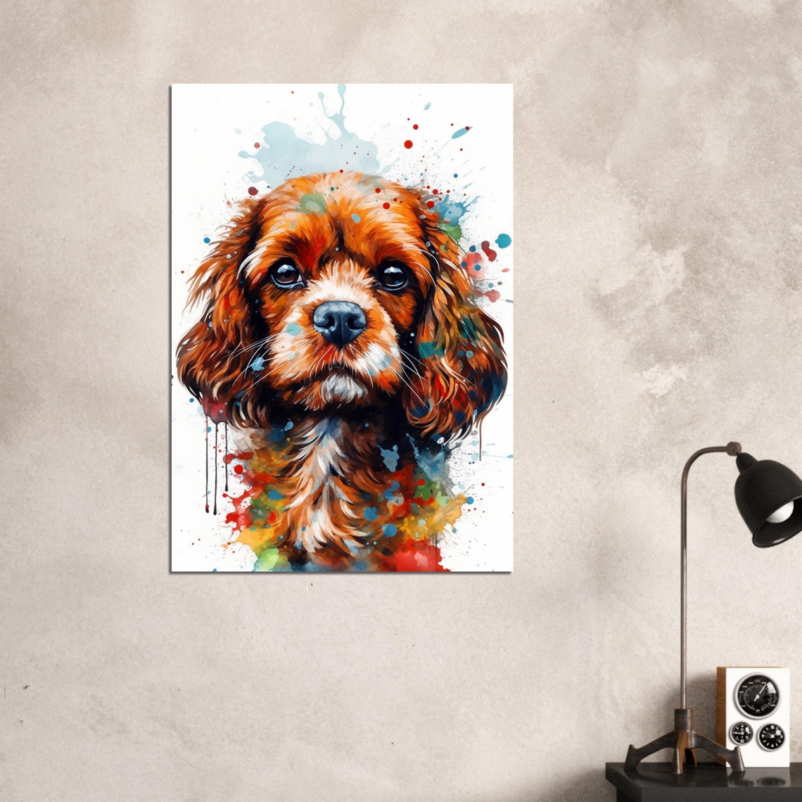 Cavapoo Puppy Watercolor Portrait Rainbow Splash Colourful Art Poster - Image 2