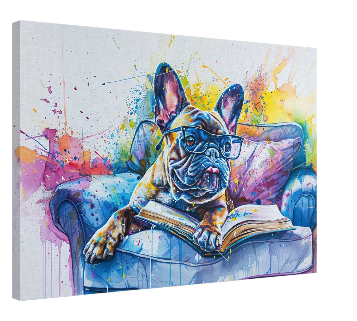 French Bulldog With Glasses Reading On Armchair Splash Dog Poster
