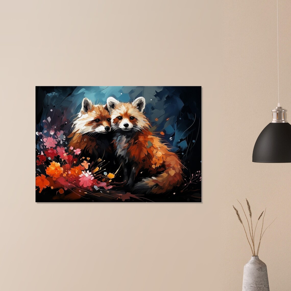 Two Red Foxes Watercolor Painting Dark Night Floral Scene Art Poster - Image 3