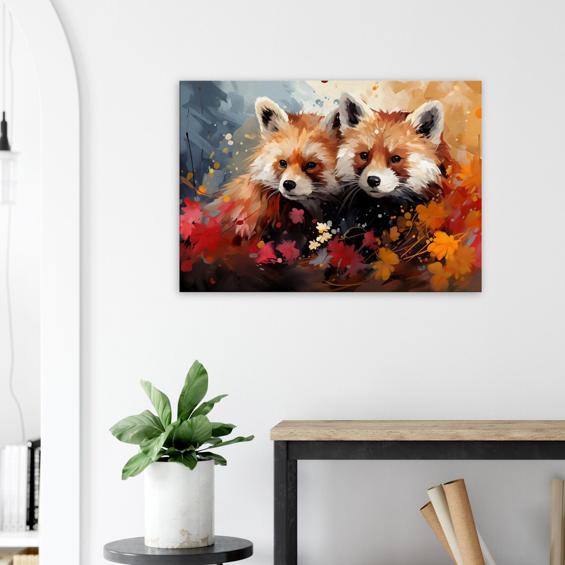 Two Red Fox Cubs Watercolor Portrait With Autumn Leaves Art Poster - Image 3