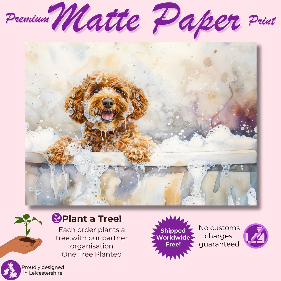 Cockapoo Puppy Bubble Bath Pastel Watercolour Dog Portrait Poster - Image 3