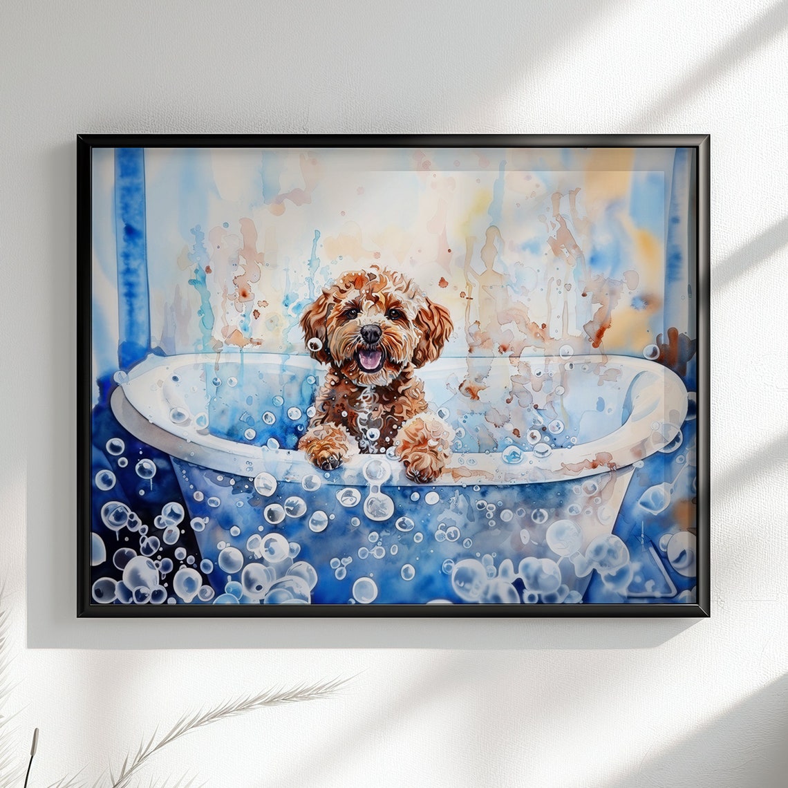Brown Cockapoo Puppy Blue Bubble Bath Watercolour Dog Art Poster