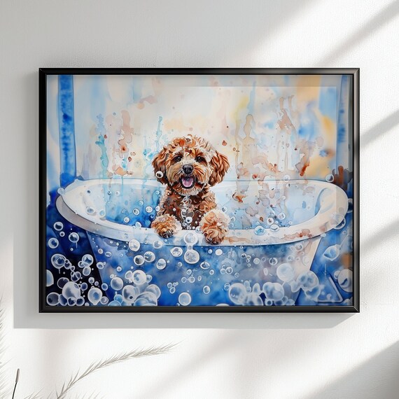 Cute Cockapoo Poster Print Colourful Watercolour Doodle Dog Bathtub Painting Splatter Paint Splash Art Wall Decor Gifts