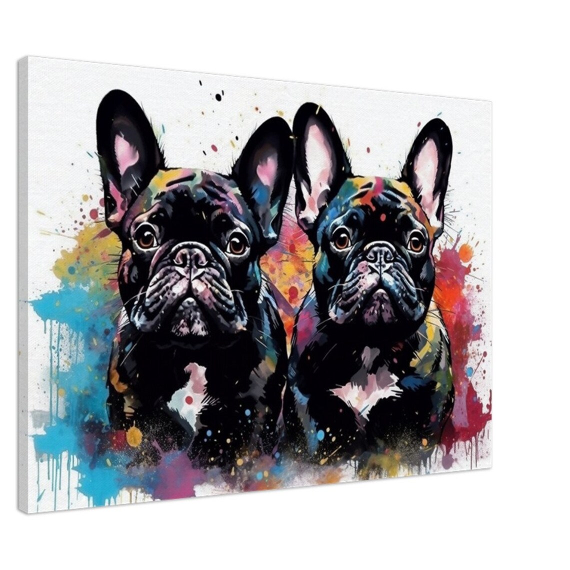Two Black French Bulldogs Colorful Watercolor Splash Art Poster