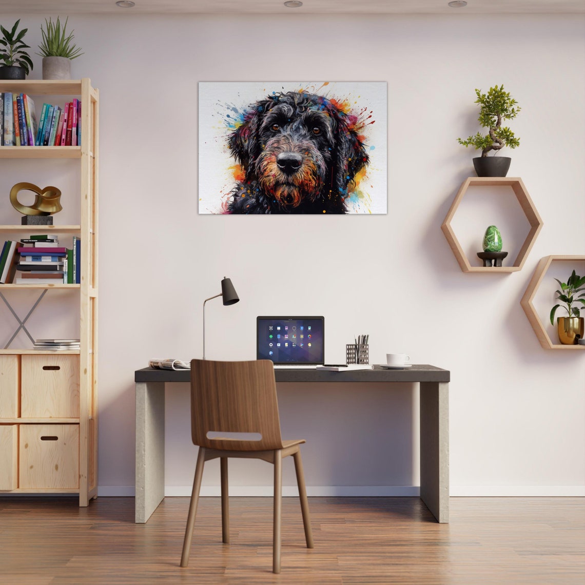 Black Doodle Dog Portrait With Bold Paint Splash Background Art Poster - Image 2