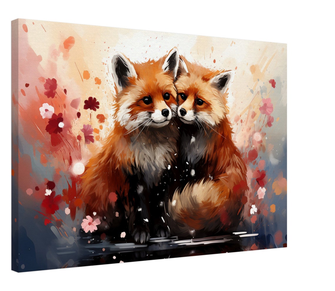 Two Fox Kits Watercolor Painting With Pink Blossom Flowers Poster