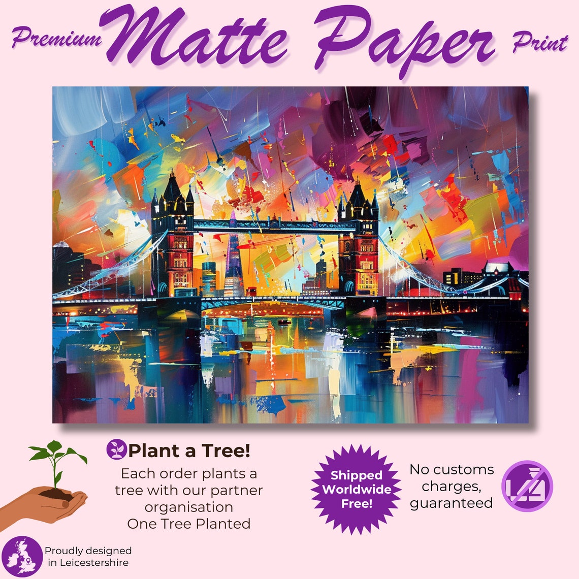 Tower Bridge London Night Neon Reflections Thames River Poster - Image 3