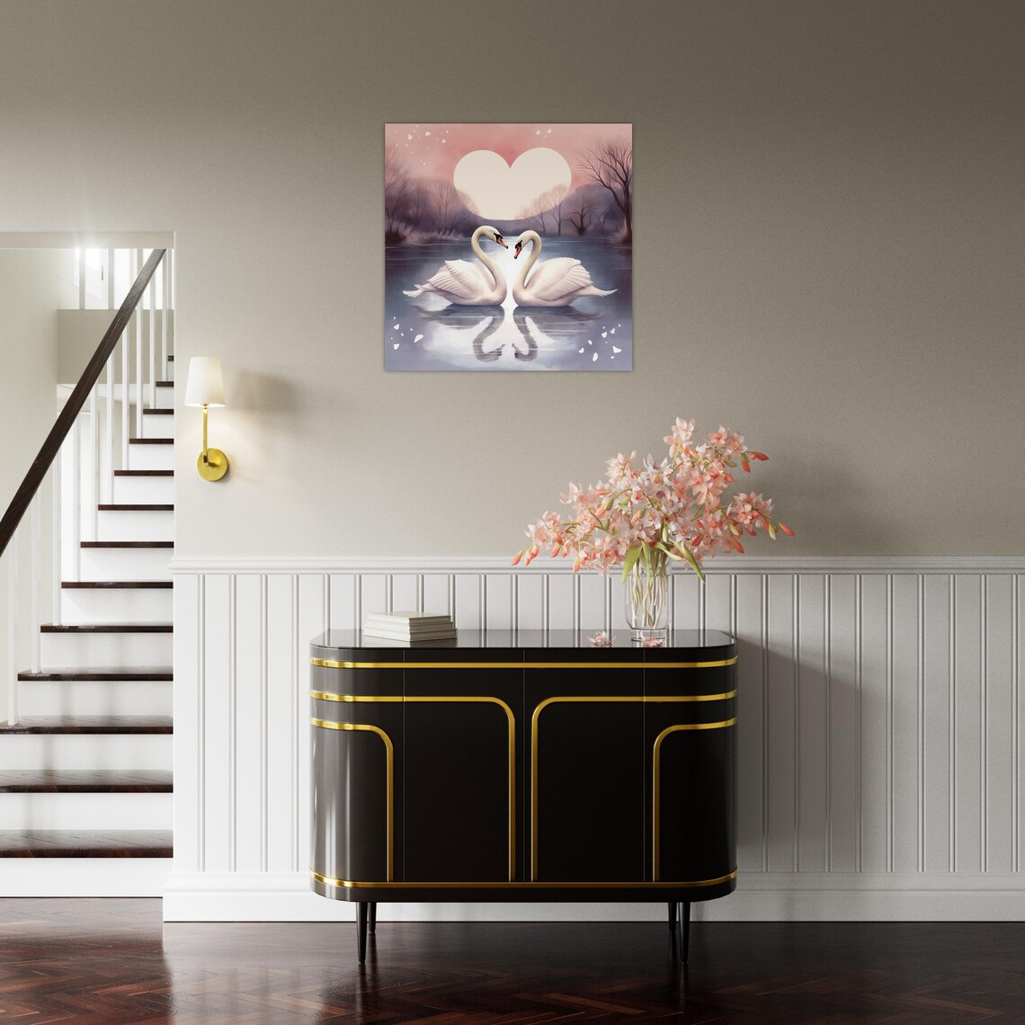 Two Swans on Lake Heart Moon Romantic Sunset Love Birds Art Poster - Image 3