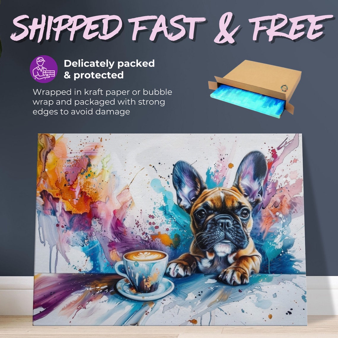 French Bulldog Puppy With Latte Coffee Cup Watercolor Splash Poster - Image 2