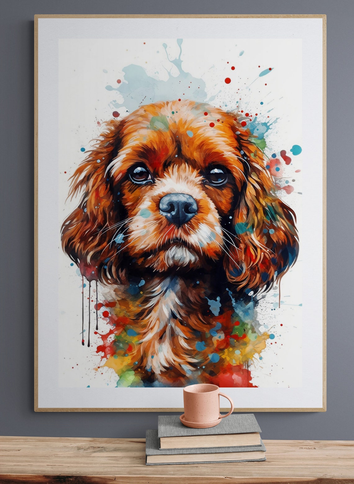 Cavapoo Puppy Watercolor Portrait Rainbow Splash Colourful Art Poster - Image 3