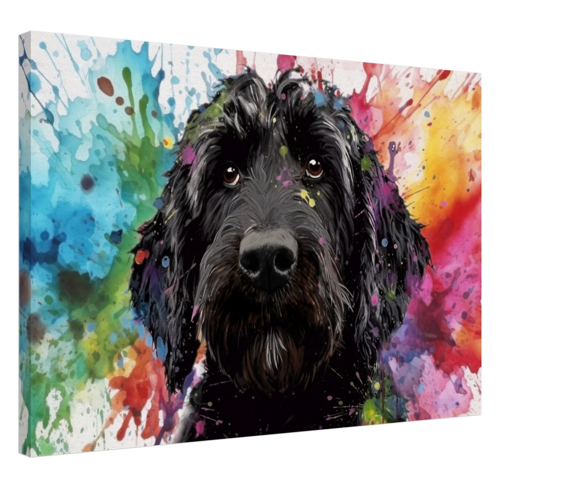 Black Doodle Dog Face Colorful Watercolor Splash Canvas Art Poster