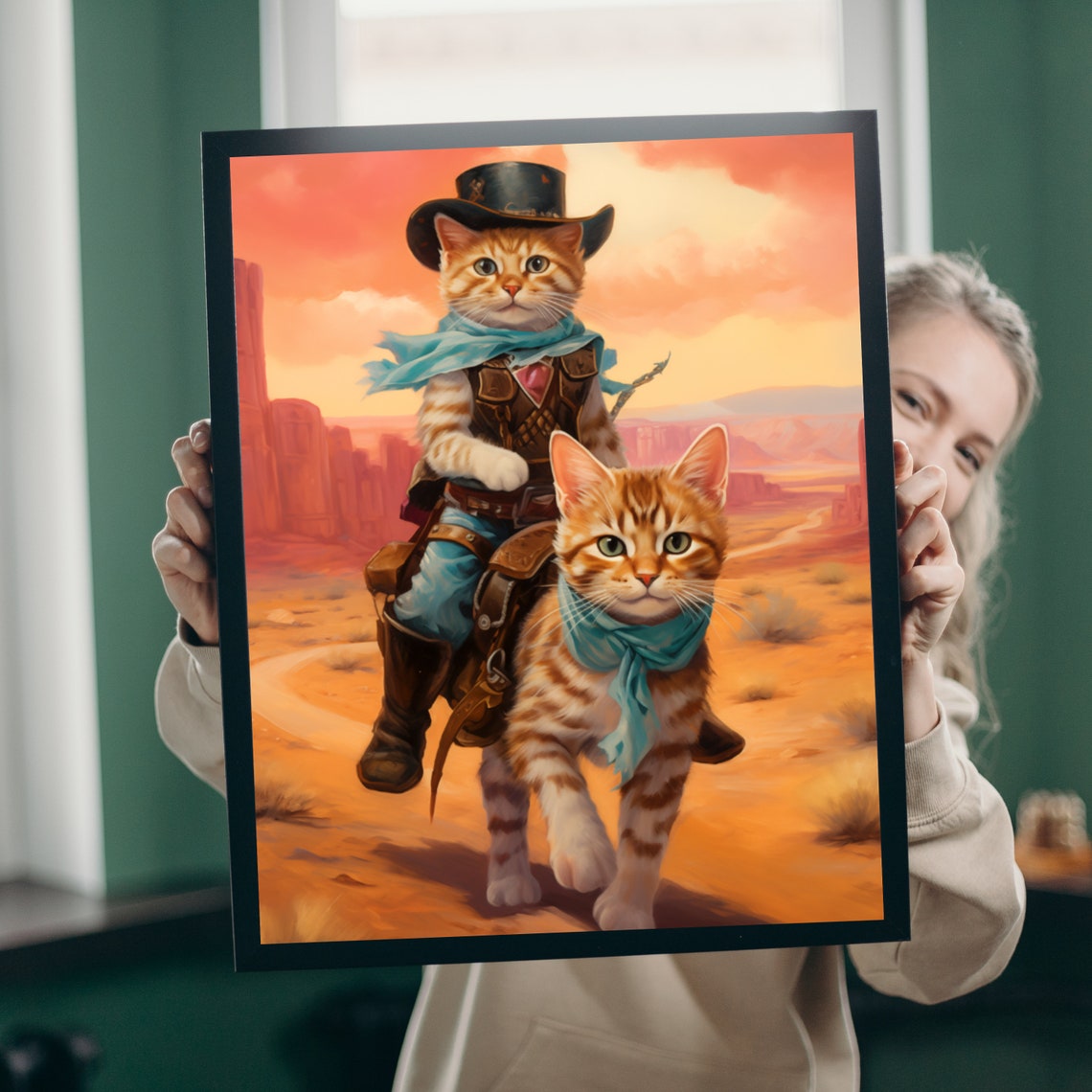 Cowboy Kitten Riding a Cat Through a Desert Sunset Art Poster - Image 2