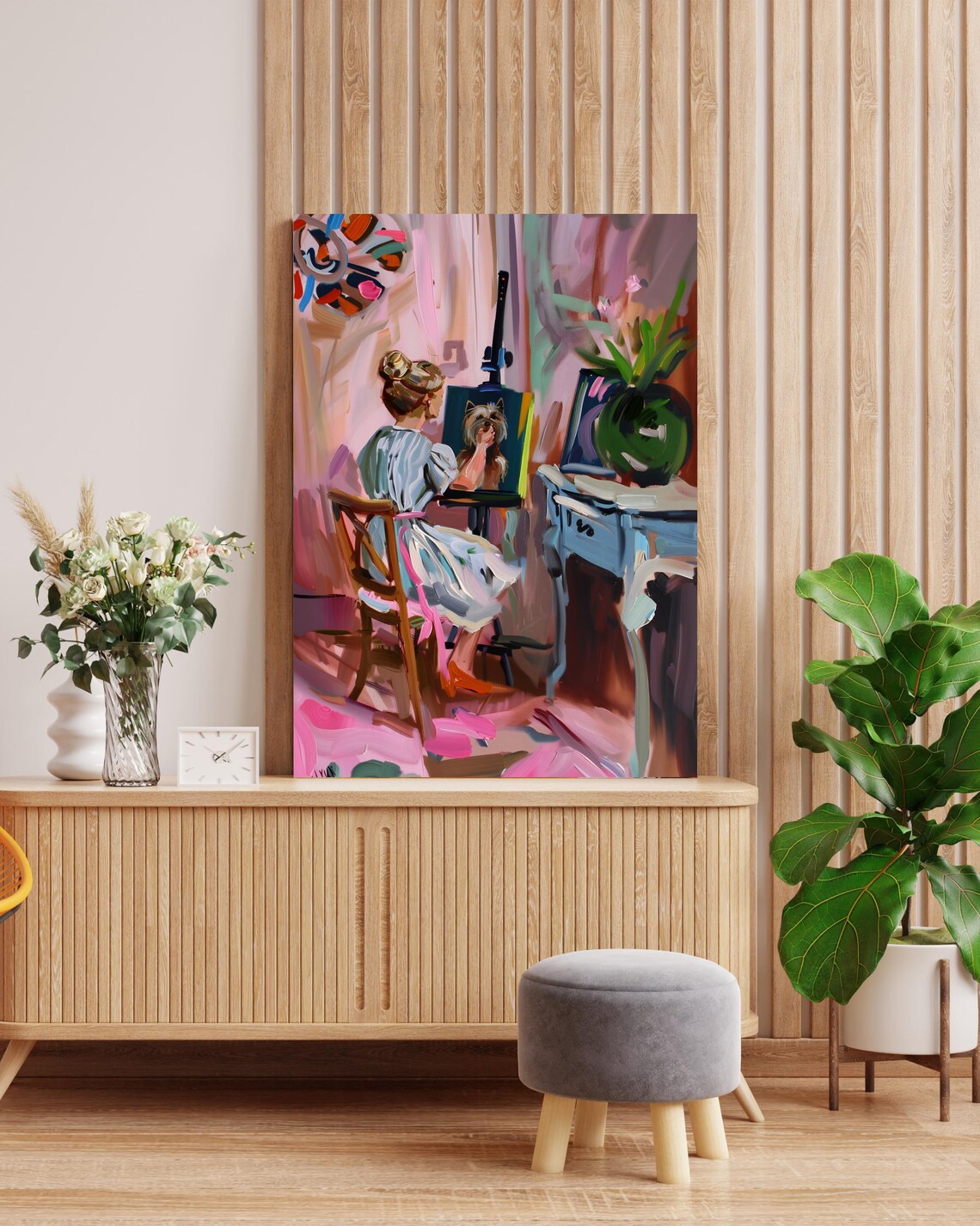 Woman Painting a Dog Portrait in a Colorful Art Studio Poster - Image 3