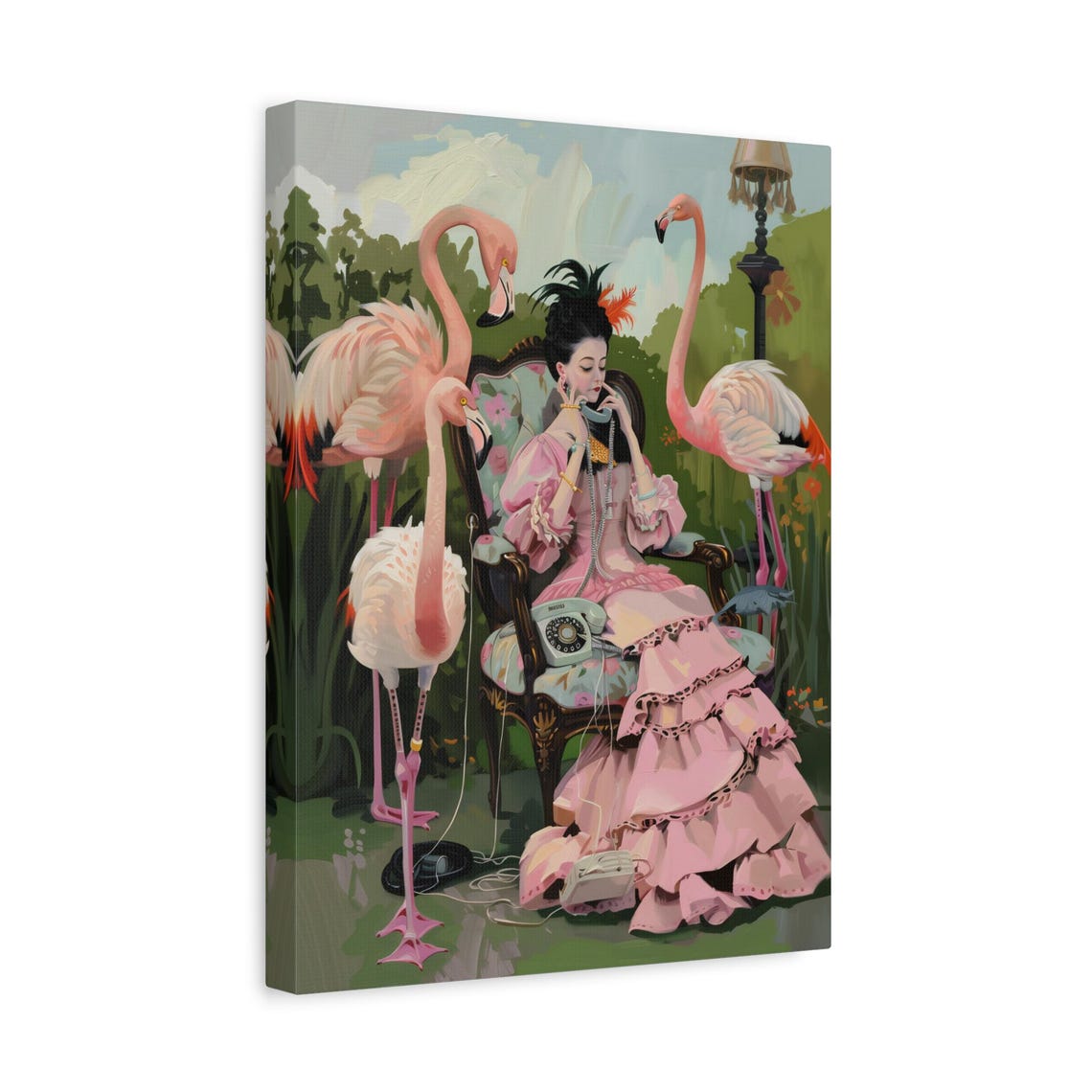 Lady Chatting on Vintage Phone Surrounded by Flamingos Poster - Image 3