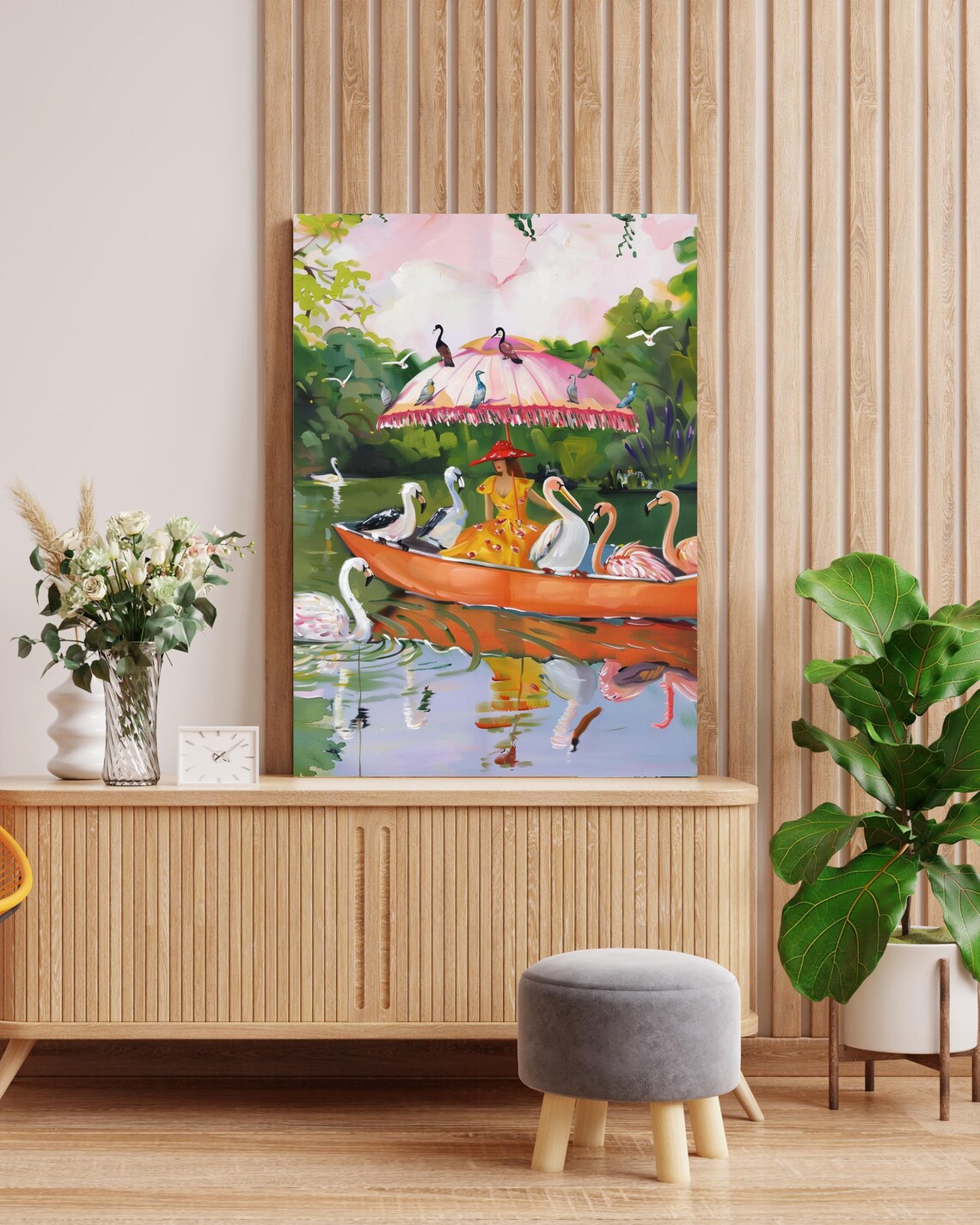 Lady in Orange Canoe with Swans, Flamingos and Pink Parasol Poster - Image 2