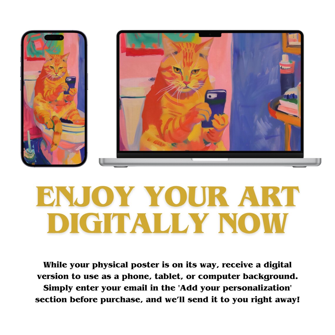 Orange Cat On Toilet Scrolling Phone Funny Bathroom Art Poster - Image 3