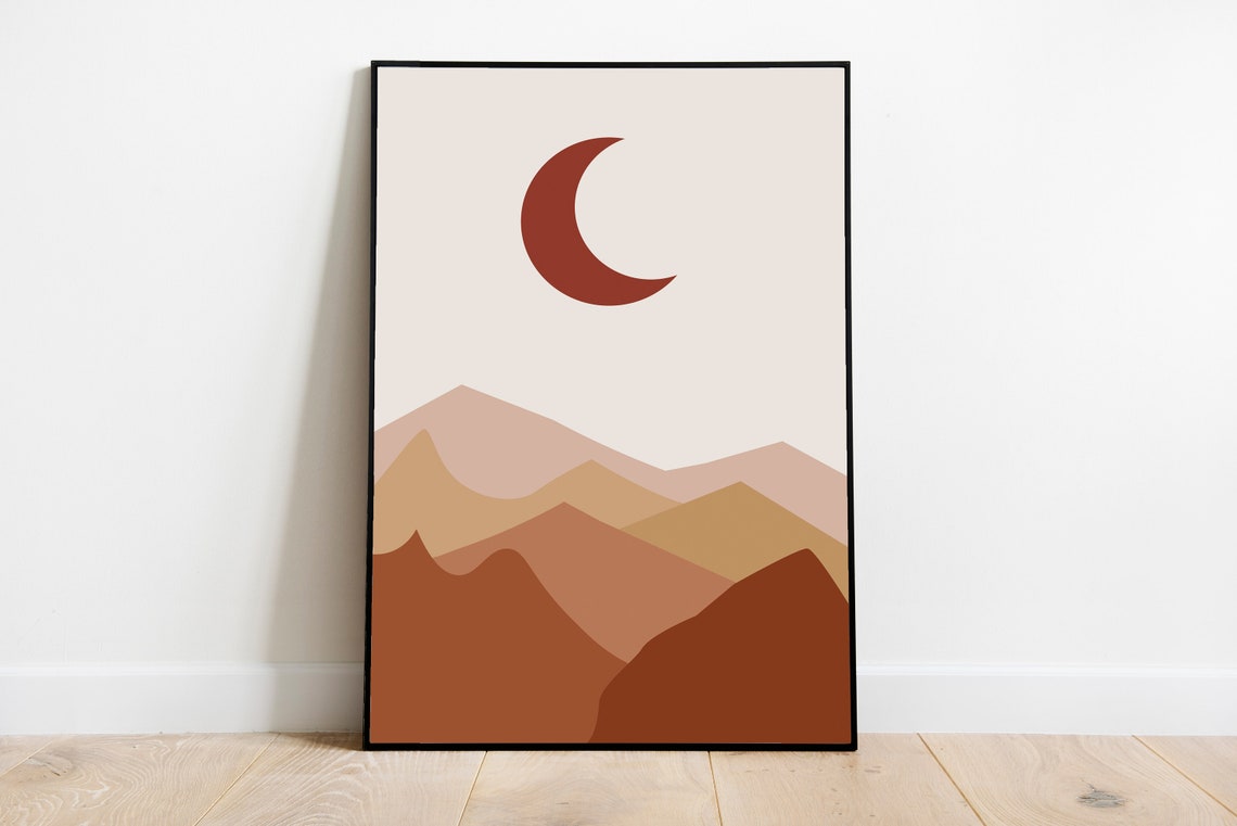 Boho Landscape And Moon Art Boho Moon Print Moon And Landscape Wall Art Minimalist Moon Poster Moon And Horizon Art Lunar Boho Decor